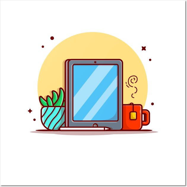 Tablet And Stylus Pencil With Tea And Cactus Cartoon Vector Icon Illustration. Wall Art by Catalyst Labs